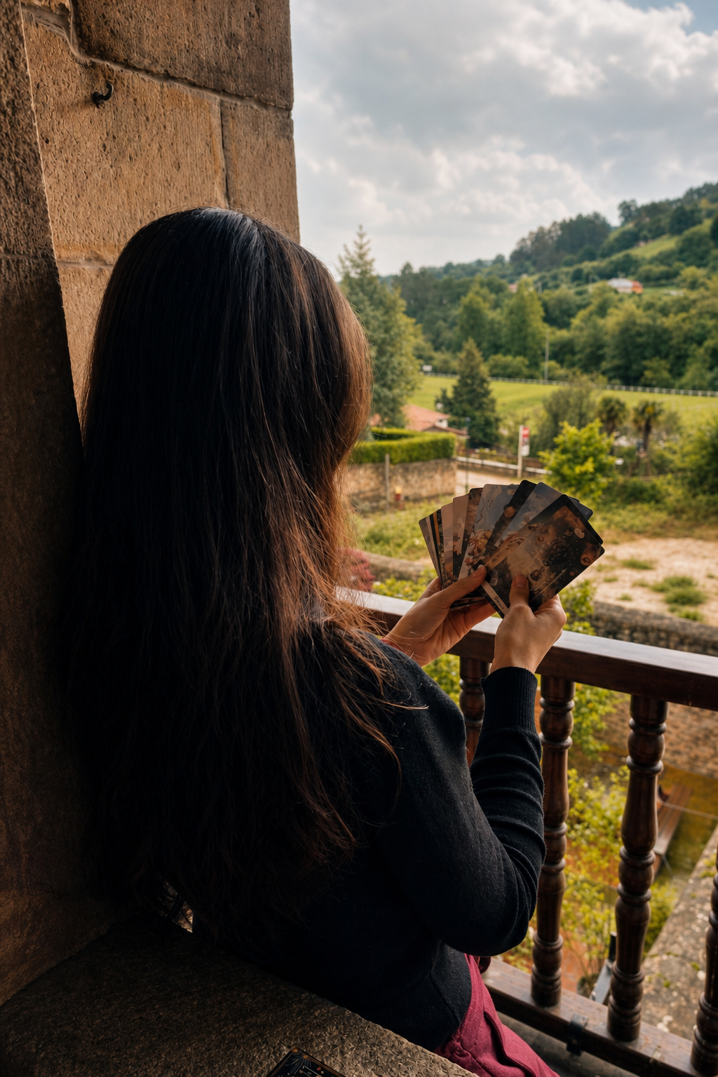 Viviana mirando el paisaje con cartas de tarot