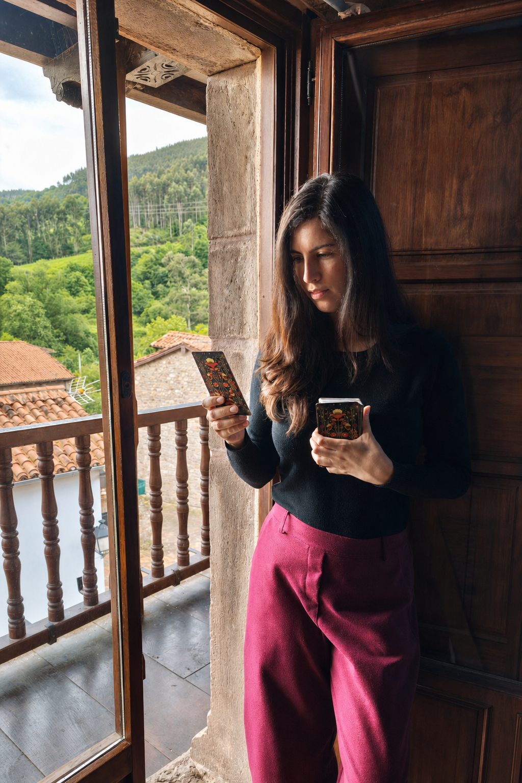 Viviana en el balcón con una carta de tarot