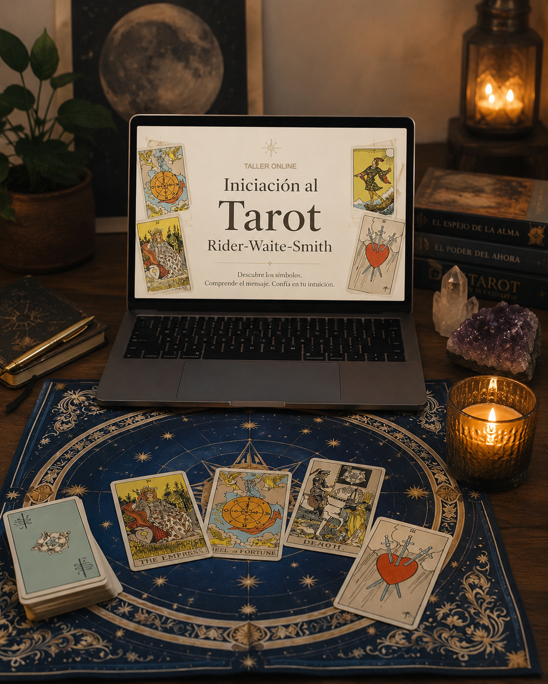 Viviana sentada con cartas de tarot y una vela